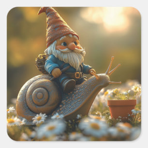 Adesivo Quadrado Gnomo Whimsical na Cena de Jardim Mágico de Caraco