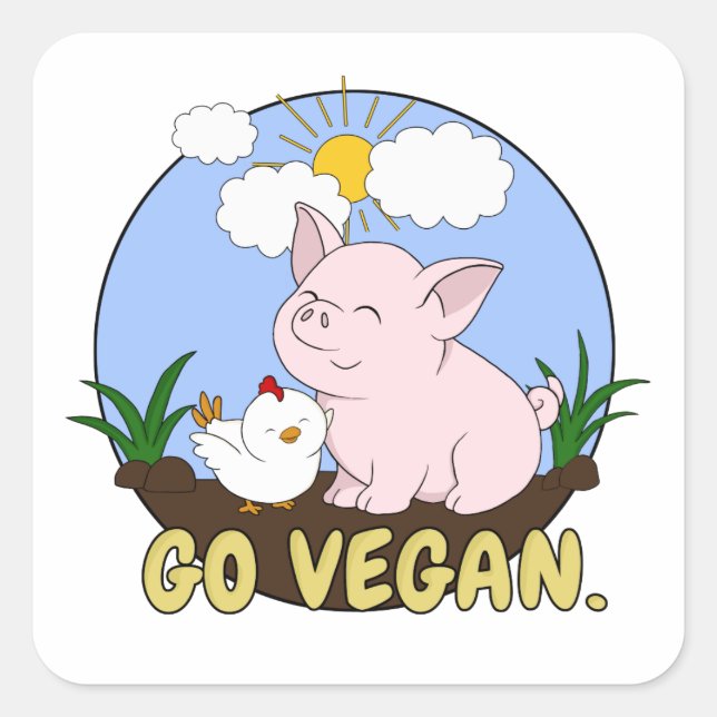 Adesivo Quadrado Go Vegan - Suíno e Galinha Bonitos (Frente)