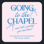 Adesivo Quadrado Going to the Chapel Bachelorette Weekend<br><div class="desc">The Going to the Chapel Bachelorette Collection blends playful charm with classic bridal style. Featuring a soft pink background paired with bold blue typography, this suite captures the excitement of a bride-to-be heading down the aisle. Delicate bow illustrations and a mix of elegant serif and flowing script fonts add a...</div>