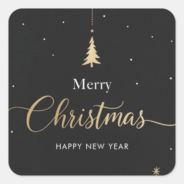 Adesivo Quadrado Gold & Black Merry Christmas Calligraphic (Frente)