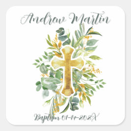 Adesivo Quadrado Gold Cross Floral Watercolor Baptism 1.a Comunidad