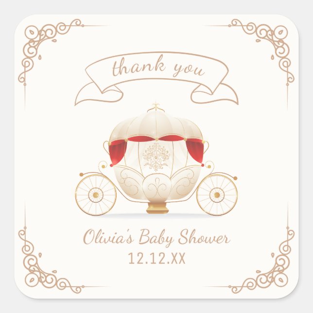 Adesivo Quadrado Gold Elegant Fairytale Carriage Baby Shower  (Frente)