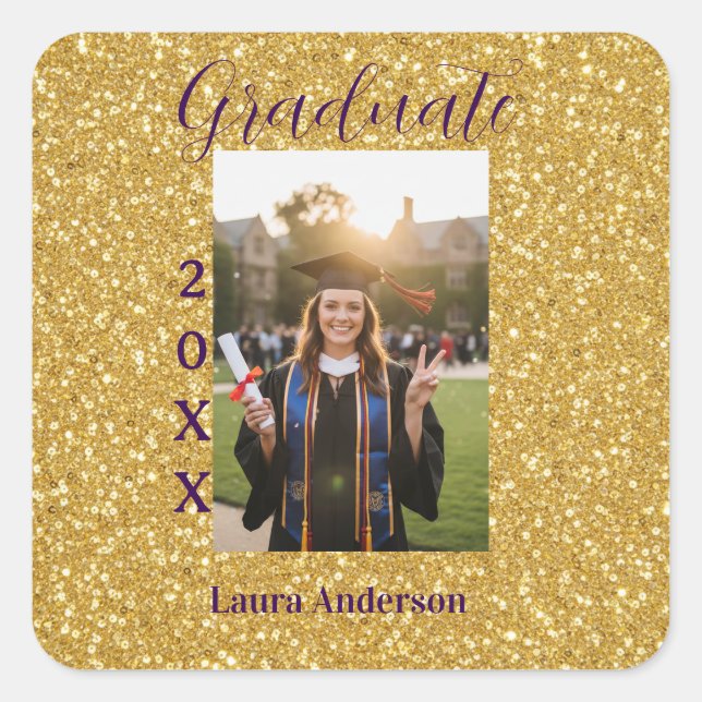 Adesivo Quadrado Gold glitter photo graduation add name class text (Frente)