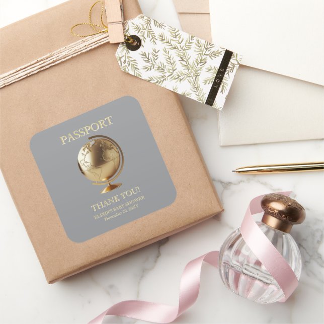 Adesivo Quadrado Gold Globe Passport Travel Baby Shower (Presentear)