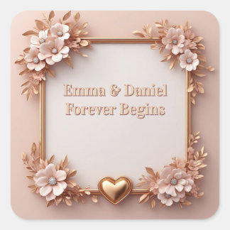 Adesivo Quadrado 💖 Gold Heart Peach Floral Spring Wedding Style 🌸