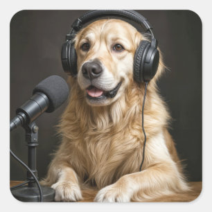 Adesivo Quadrado Golden Retriever Apresentando um Podcast