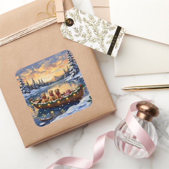 Adesivo Quadrado Golden Retriever Christmas Boat Holiday (Presentear)