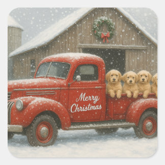 Adesivo Quadrado Golden Retriever Christmas Puppies in Old Truck