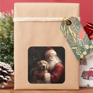 Adesivo Quadrado Golden Retriever Com o Papai Noel Natal
