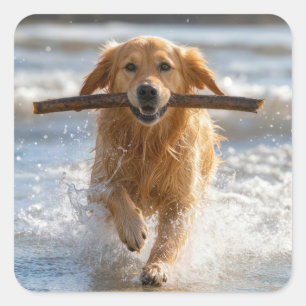 Adesivo Quadrado Golden Retriever Correndo com um Pau de Praia