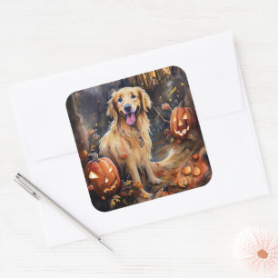 Adesivo Quadrado Golden Retriever de Halloween com Abóboras Assusta