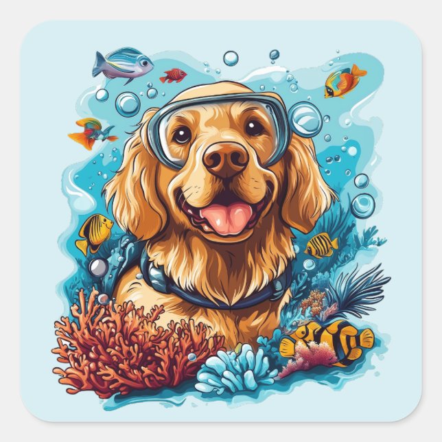 Adesivo Quadrado Golden Retriever Dog Snorkeling Coral Reef (Frente)