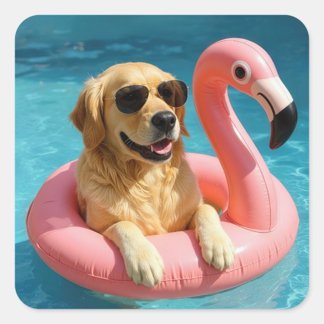 Adesivo Quadrado Golden Retriever Floating On a Flamingo Pool Toy (Frente)
