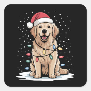 Adesivo Quadrado Golden Retriever Papai Noel Árvore de Natal Luzes 