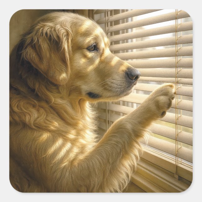 Adesivo Quadrado Golden Retriever Peeking Through Blinds (Frente)