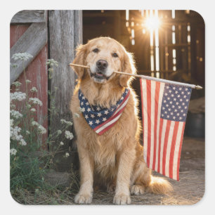 Adesivo Quadrado Golden Retriever segurando uma bandeira americana