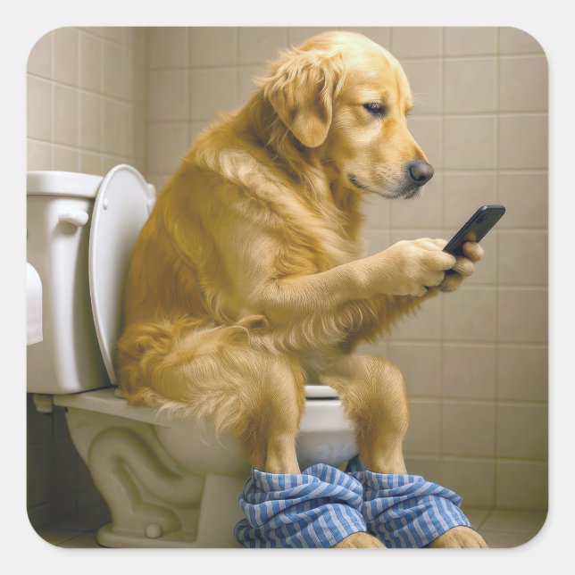 Adesivo Quadrado Golden Retriever Texting on a Toilet (Frente)