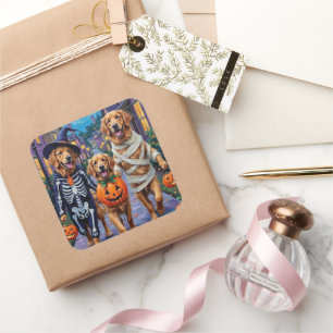 Adesivo Quadrado Golden Retriever Trick-or-Treating no Halloween