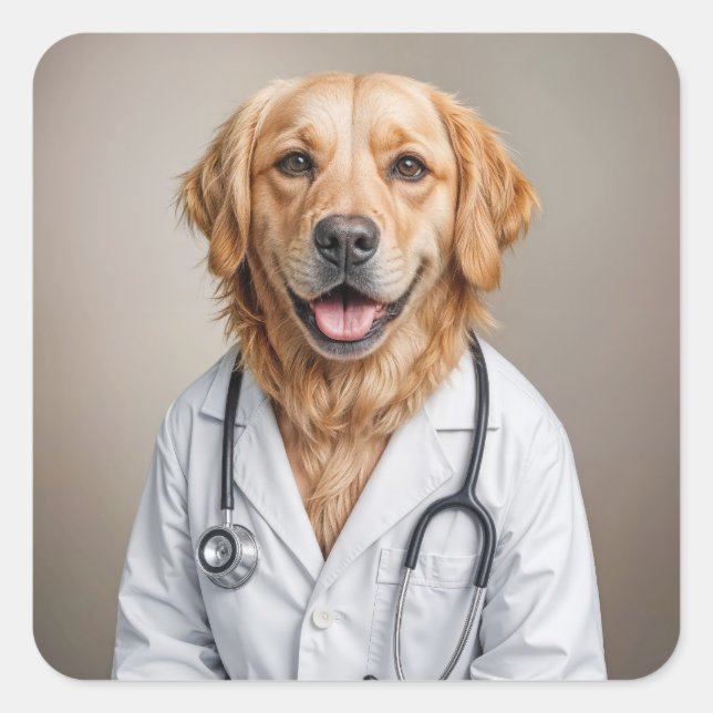 Adesivo Quadrado Golden Retriever Wearing a White Doctor's Coat (Frente)