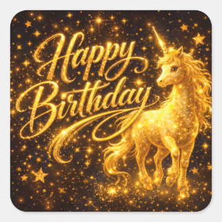Adesivo Quadrado Golden Stardust Birthday — Fantasy Unicorn