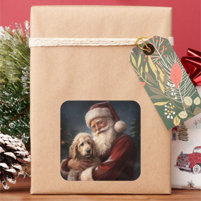 Adesivo Quadrado Goldendoodle com Papai Noel Natal Festivo (Feriado)