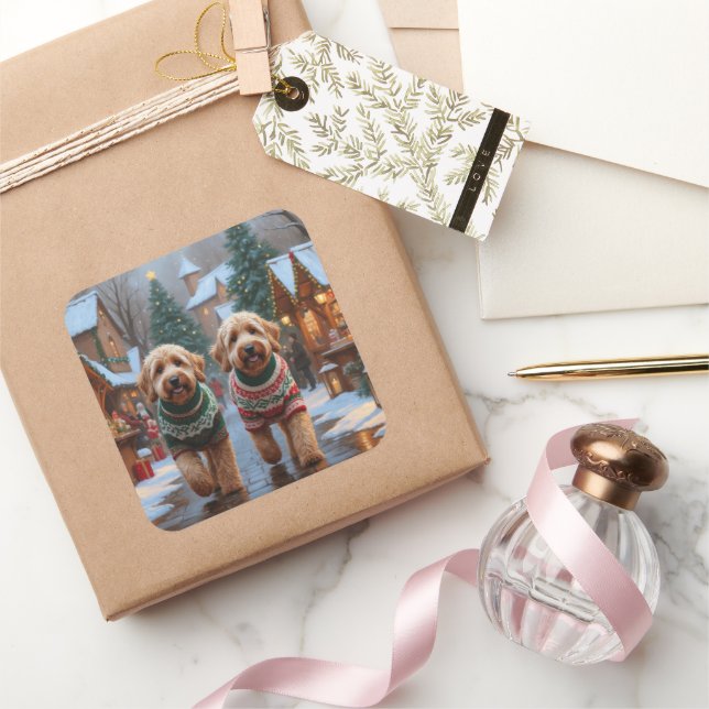 Adesivo Quadrado Goldendoodle Dogs Christmas Snow Holiday (Presentear)