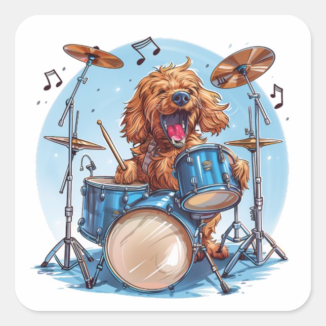 Adesivo Quadrado Goldendoodle Tocando Bateria (Frente)