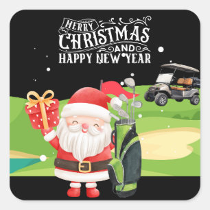 Adesivo Quadrado Golf Feliz Natal com Papais noeis no carrinho de g
