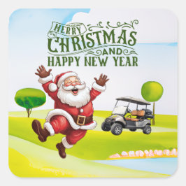Adesivo Quadrado Golf Feliz Natal com Papais noeis no carrinho de g