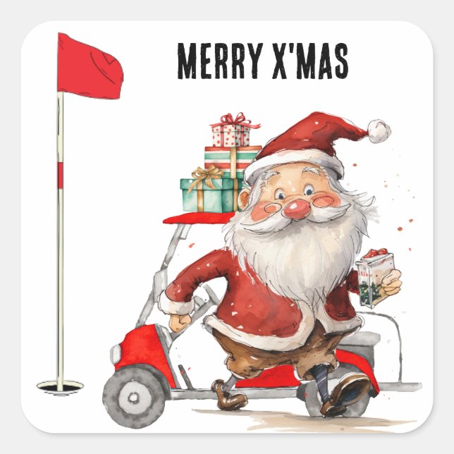 Adesivo Quadrado Golfe Feliz Natal com Papai Noel Golfer (Frente)