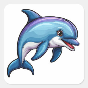 Adesivo Quadrado Golfinho de Desenho Animado Sorridente