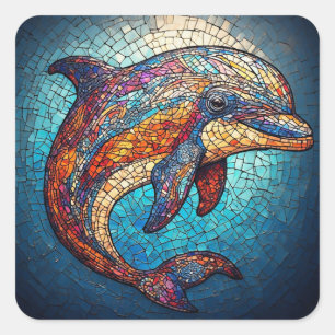 Adesivo Quadrado Golfinho em Estilo Artístico de Vitral Intrincado