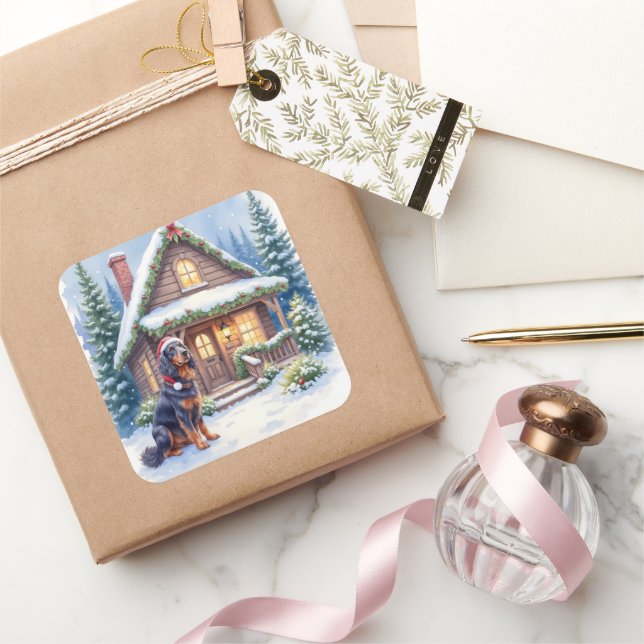 Adesivo Quadrado Gordon Setter Snowy Lodge Santa Hat Christmas Art (Presentear)