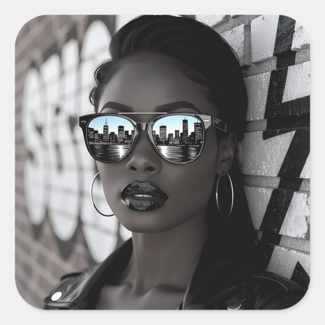Adesivo Quadrado Gorgous Woman in City with Sunglasses (Frente)