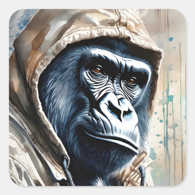 Adesivo Quadrado Gorilla Splatter Art Watercolor Retrato (Frente)