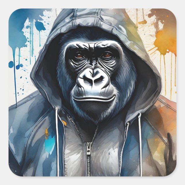 Adesivo Quadrado Gorilla Splatter Art Watercolor Retrato Hoodie (Frente)
