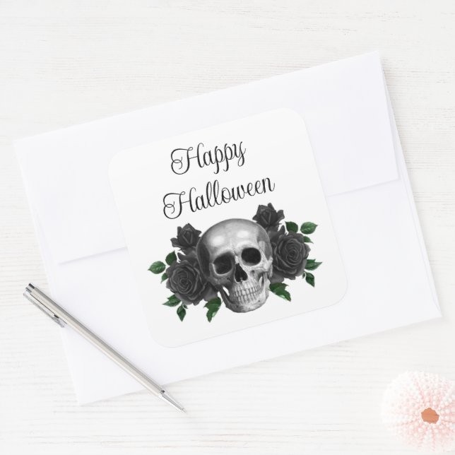 Adesivo Quadrado Gothic Black Floral Skull Halloween (Envelope)