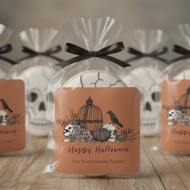 Adesivo Quadrado Gothic Burnt Orange Skulls and Roses Halloween (Gothic Burnt Orange Skulls, Roses, Birdcage & Foliage Illustration for Halloween & Spooky Fall Party)