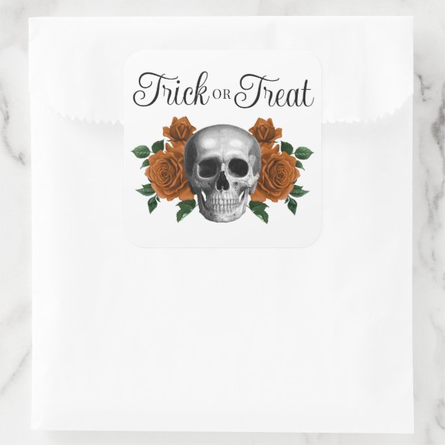 Adesivo Quadrado Gothic Floral Skull Trick Or Treat Halloween (Bolsa)