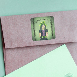 Adesivo Quadrado Gótico Garota Verde Chapéu Bonito Ramificações de 