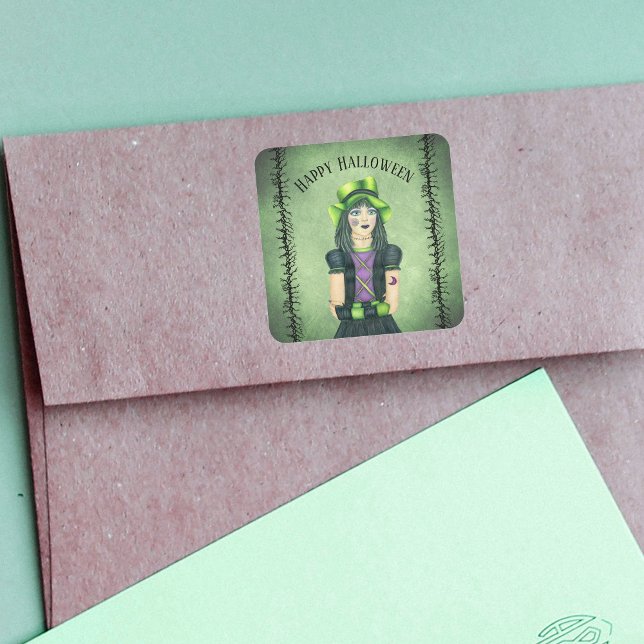 Adesivo Quadrado Gótico Garota Verde Chapéu Bonito Ramificações de  (Gothic girl tattoos green eyes black barbed branches on grunge green Halloween stickers.)