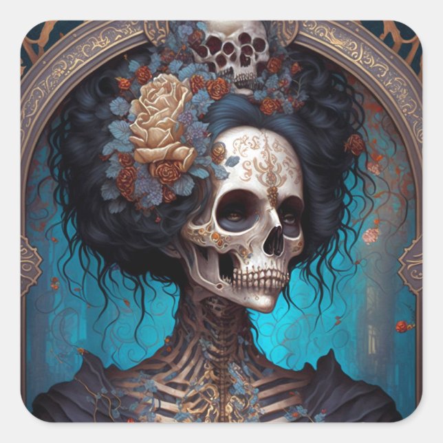 Adesivo Quadrado Gótico Skeleton Skull Woman Gothic (Frente)