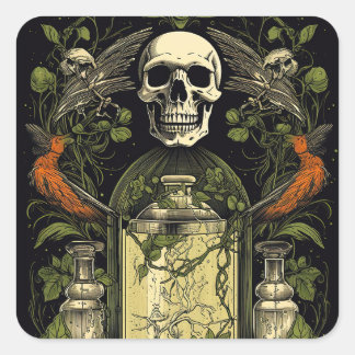 Adesivo Quadrado Gótico Vintage Skeleton Skull Raven Poison Hallowe
