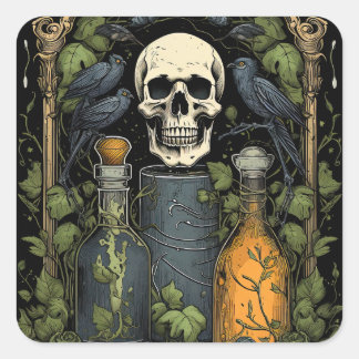 Adesivo Quadrado Gótico Vintage Skeleton Skull Raven Poison Hallowe