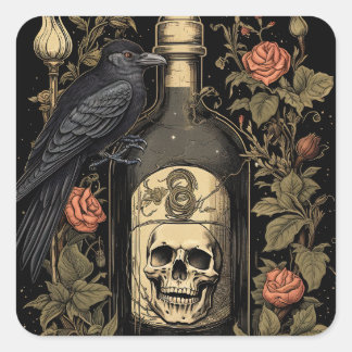 Adesivo Quadrado Gótico Vintage Skeleton Skull Raven Poison Hallowe