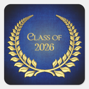 Adesivo Quadrado Graduação 2026 Coroa de Louro Dourada em Azul