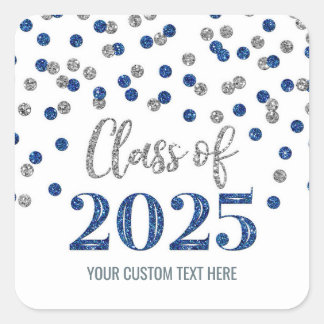 Adesivo Quadrado Graduação de Confetti Blue Silver 2025
