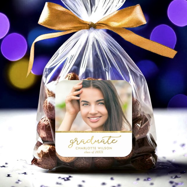 Adesivo Quadrado Graduação de Formando de Foto Branco e Dourada (Criador carregado)