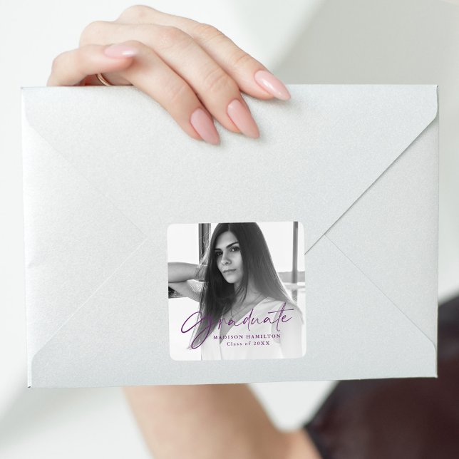 Adesivo Quadrado Graduação de Foto com Script de Na moda Roxo (Criador carregado)