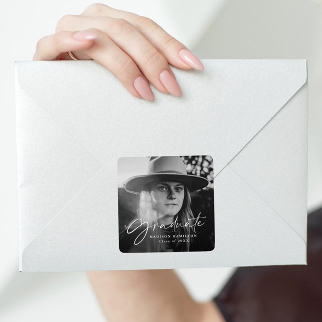 Adesivo Quadrado Graduação de Foto com Script Na moda (Criador carregado)